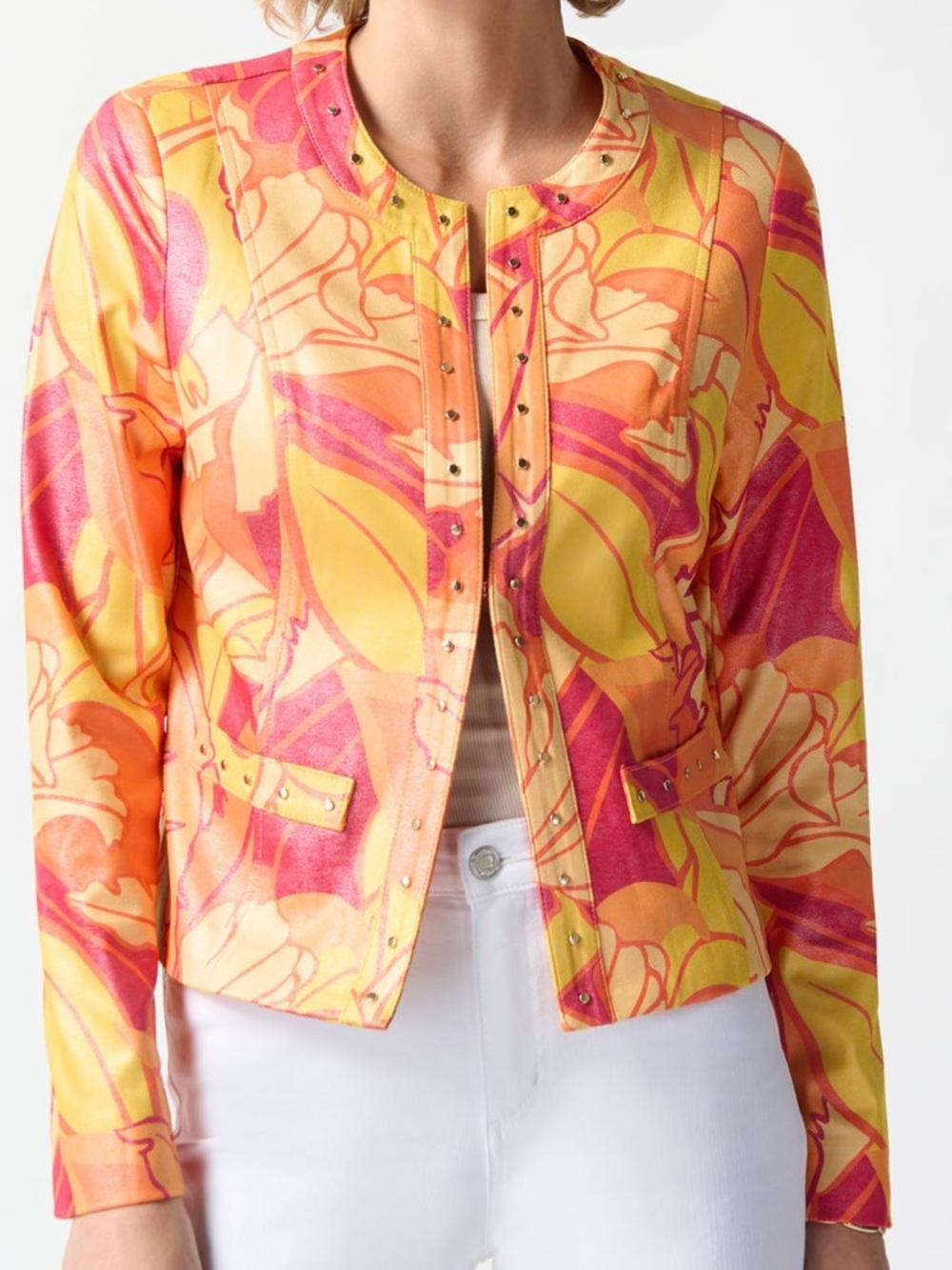 NWOT. Sz. L. Joseph Ribkoff Yellow & Pink Floral Studded Jacket